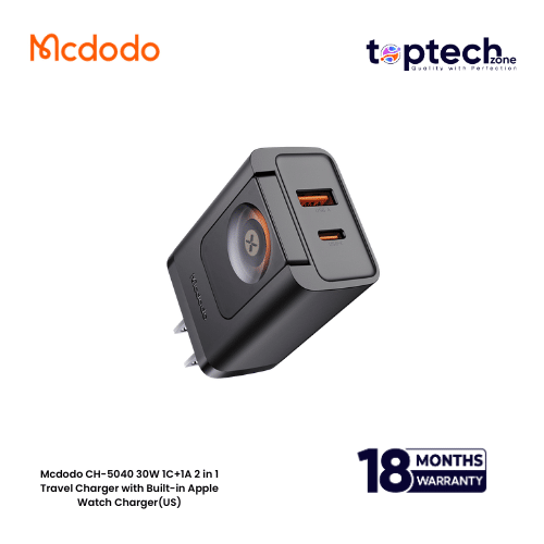 Mcdodo-6.png Mcdodo CH-5040 30W 1C+1A 2 in 1 Travel Charger with Built-in Apple Watch Charger(US) - Image 1